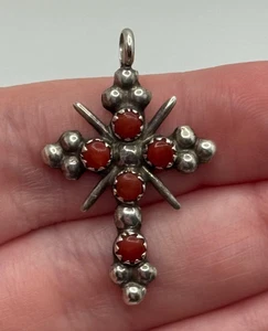Vintage Native American Sterling Silver Coral Cross Pendant - Picture 1 of 8