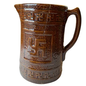 Antique 1920s Nelson McCoy ACPC Produced Indian Swastika Stoneware Pitcher READ - Picture 1 of 8