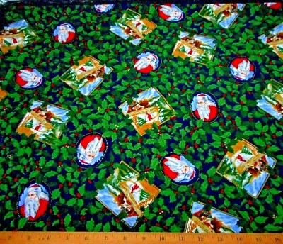 Christmas Fabric By Yard SALE Vtg Santa Scenes Holly Navy Blue SSI Cotton #18 #C - Image 1 of 2