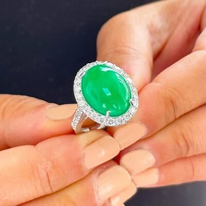 Anillo de compromiso de oro blanco de 14K corte ovalado de jade y diamantes halo decorativo nupcial 8,00 quilates - Imagen 1 de 11