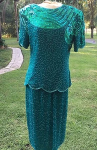 Silky Nites Sequin 2pc Skirt Suit SMALL Green Sequin Beaded SILK Cocktail Formal - Picture 1 of 7