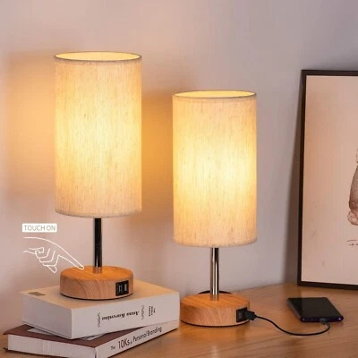 Set of 2 Bedside Lamps with USB Port Touch Control 3-Way Dimmable Wood Nightstan - image 1 of 4