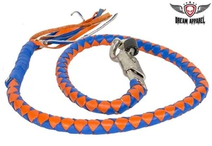 42" Long Genuine Hand-Braided Leather Blue & Orange Get Back Whip For Motorcycle - Picture 1 of 8