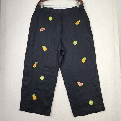 Jillian Jones Womens Sz 16 Black 100% Linen Embroidered Pineapples Fruit Pants  - Image 1 of 4