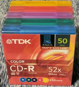 TDK Color CD-R Recordable 52x 80min 700mb 50 Pack Snap N Save Case NEW! - Afbeelding 1 van 4