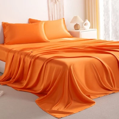 Juego de sábanas de seda satinada brillante de 4 piezas sábanas de bolsillo profundo resistentes a la decoloración de arrugas Foto 1 de 4