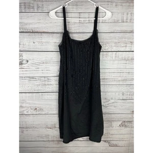 Eileen Fisher Beaded 100% Silk Crepe De Chine Knee Length Cami Dress Black Sz 6 - Picture 1 of 10