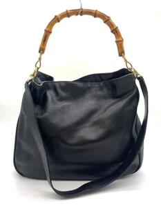 Auth Gucci Bamboo Leather Black 2way Shoulder Bag With Strap NS061570 - Picture 1 of 13