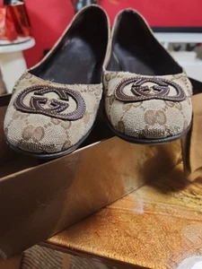 Gucci Womens GG Lifford Canvas Leather Ballet Flat Size 9.5 Monogram Brown - Picture 1 of 10