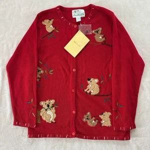 NWT The Quaker Factory Women's Large Red Koala Embroidered Sweater Cardigan - Picture 1 of 7