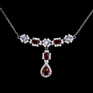 Black Friday 925 Silver Necklace Pear Ruby 7x5mm Tanzanite Gemstone Jewelry 19in - Picture 1 of 14