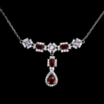 Black Friday 925 Silver Necklace Pear Ruby 7x5mm Tanzanite Gemstone Jewelry 19in - Image 1 of 4