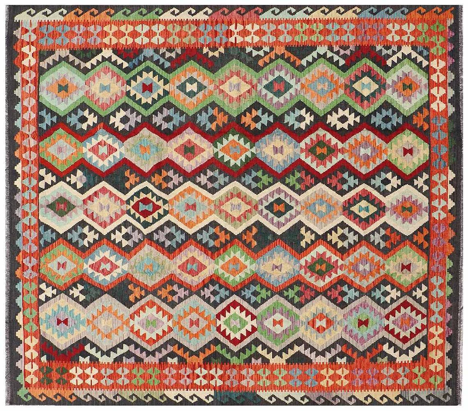 Afghan Maimana Kelim Teppich 250x300 Handgewebt Quadratisch Bunt Geometrisch i - Bild 1 von 1