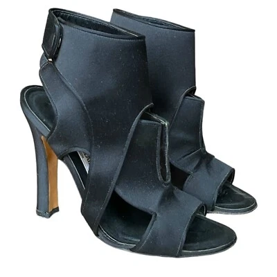 MANOLO BLAHNIK Black Satin Cutout Accents Slingback Heeled Sandals , Size 37 - Image 1 of 4