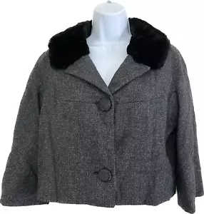 Irene Sargent Anglo Fabrics Cropped Jacket Gray Wool Tweed Black Faux Fur Collar - Picture 1 of 14