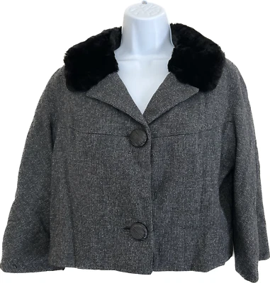 Irene Sargent Anglo Fabrics Cropped Jacket Gray Wool Tweed Black Faux Fur Collar - Image 1 of 4