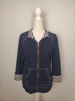 Anne Klein Sport Navy Blue Full Zip Sweatshirt Striped Trim Women's XL. - Image 1 of 4