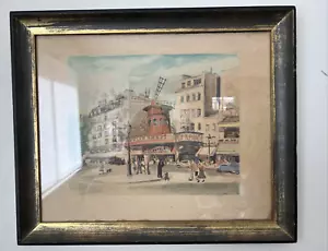 Vintage J. Perrigot Aquarell Radierung Moulin Rouge Paris Fleck gerahmt 21" x 18" - Bild 1 von 17