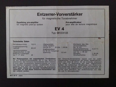 Entzerrer-Vorverstärker EV 4 Typ 58130103 | Orginal Datenblatt | Tonabnehmer - Bild 1 von 2