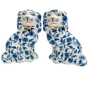 Blue & White Floral Staffordshire Dogs Spaniel Mantel Dog Figurines 5.75"H NEW - Picture 1 of 9