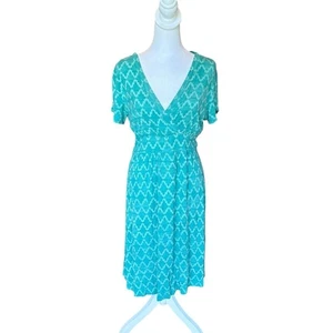 LL Bean Summer Knit Dress Short Sleeve Print Womens Size Medium Petite Teal - Picture 1 of 11
