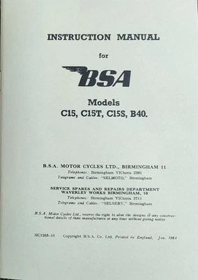 BSA C15 B40 Motorcycle Manual 250 Star C15T C15S Star Instruction Book 1959-62 - Image 1 of 4