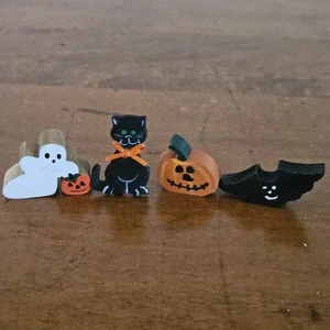 Vtg Wooden Halloween Figure Hand Painted Shelf Decor Ghost Black Cat Bat Pumpkin - Picture 1 of 3
