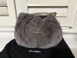 Chanel Fur HandBag With Shoulder Chain Grey Silver Soft Rare - Picture 1 of 10