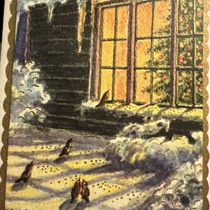 Tarjeta de Navidad De Colección Mcm Pájaros Casa Árbol Ventana Brownie Cabaña de Troncos Icicles - Imagen 1 de 6