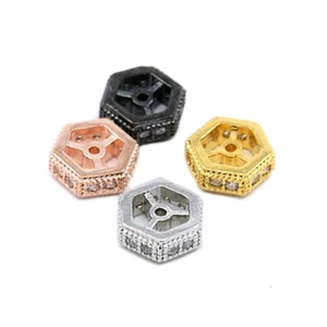 10pcs Random Brass Pave Cubic Zirconia Beads Hollow Hexagon Loose Spacers 10mm - Picture 1 of 2