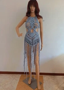 Handgefertigtes hellblaues Kleid, einzigartiges Makramee-Kleid, Fransen-Strandbekleidung, Sommerkleid - Bild 1 von 6