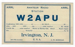 Vintage QSO QSL Post Card W2APU Irvington, New Jersey C W Hoffman ARRL Ham Radio - Picture 1 of 2