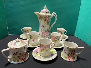 Vintage Schokoladenkanne 5 Tassen Untertassen mehrfarbig Rosen Zucker Sahnekännchen Japan gemarkt - Bild 1 von 24