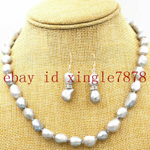 Real 9-10mm Gray Baroque Irregular Pearl Necklace Earrings Set 20'' AAA+