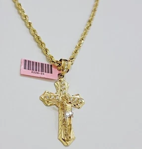 REAL 14k Gold Rope Necklace Cross Charm Pendant SET SOLID 4mm 20" Choker Chain - Picture 1 of 10