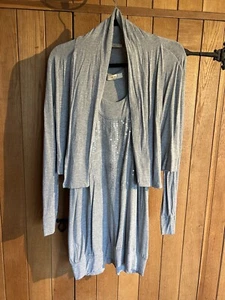 Oui Designer 2piece Long Grey Vest Top Sequin Cardigan Layered Look Uk 10/12 - Picture 1 of 7