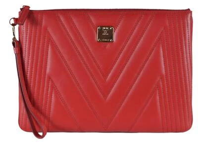 New MCM $575 Quilted Ruby Red Leather Medium Flat Purse Wristlet Pouch Purse - Image 1 of 4