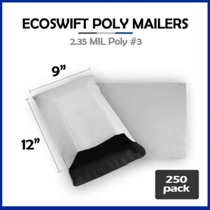 250 9x11 ECOSWIFT WHITE POLY MAILERS SHIPPING ENVELOPE SELF SEALING BAGS 2.35MIL - Photo 1/5