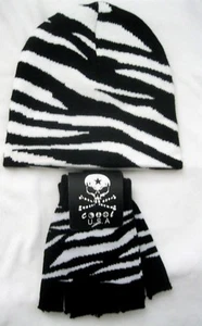 Black & White Strips Zebra Animal Safari Beanie Ski Cap+Matching Gloves -New! - Picture 1 of 4