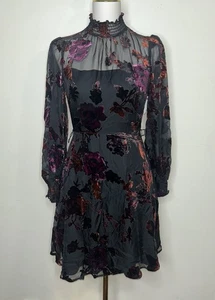 Eliza J Kleid gesmokter Besatz Langarm Samt Ausbrenner Größe 2 Blumenmuster hochgeschlossen - Bild 1 von 24