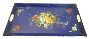 Hand Painted Blue Metal Two Handled Drink Barware Service Tray Platter - Picture 1 of 15