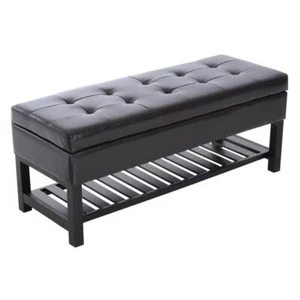 HOMCOM Ottoman Storage Bench w/ Shoe Rack Tufted Faux Leather Wood Dark Brown - Picture 1 of 3