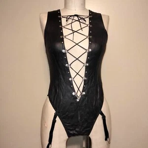 Black Leather Vintage 80's Lace Up Front  Lingerie Body Suit S - Picture 1 of 8