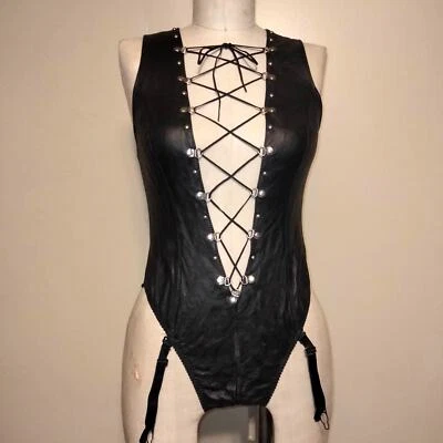 Black Leather Vintage 80's Lace Up Front  Lingerie Body Suit S - Image 1 of 4