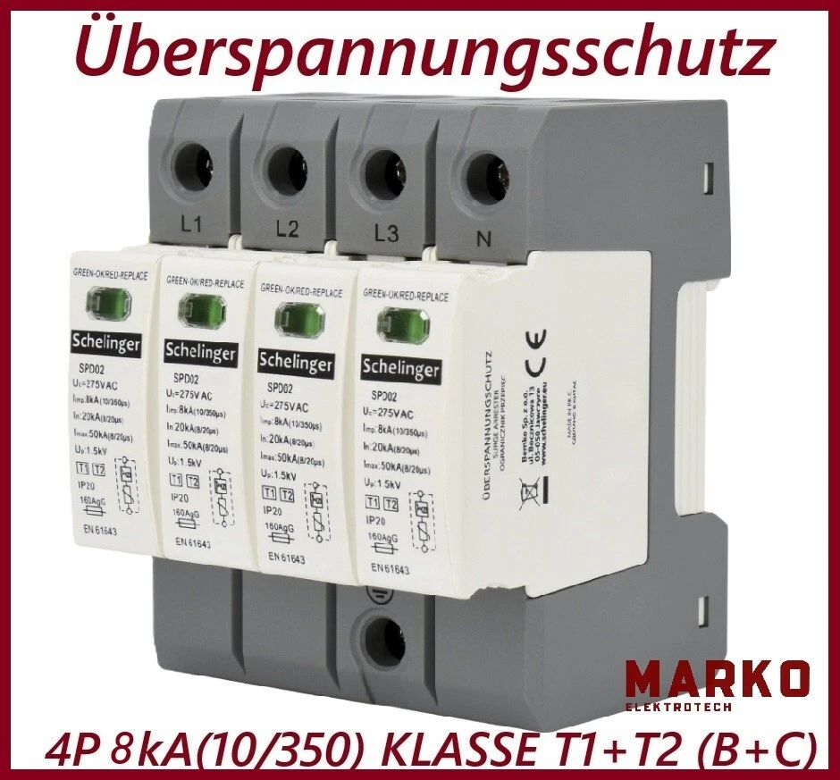 SCHELINGER Überspannungsschutz 4P 8kA(10/350) KLASSE T1+T2 (Typ B+C) Blitzschutz