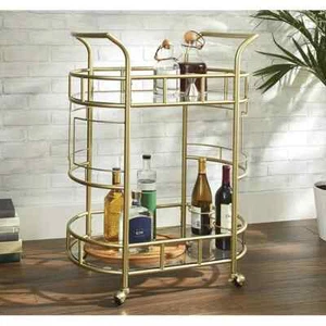 Gold Rolling Bar Cart Shelves Entertainment Wine Holder Wheels Modern Metal New - Picture 1 of 9