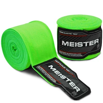 NEON GREEN 180" ELASTIC HAND WRAPS Meister MMA Cotton Boxing Wraps Mexican PAIR - Image 1 of 3