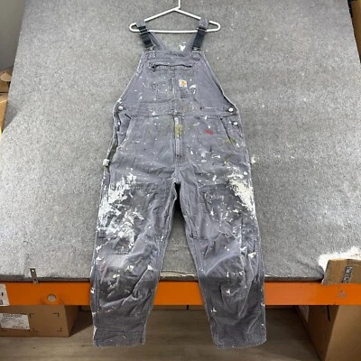 Carhartt Overalls Mens 42x30 Grey Carpenter Double Knee Duck Canvas Workwear - Image 1 of 4
