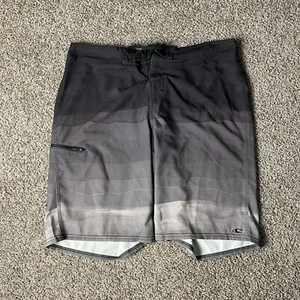 O'Neill Mens Swim Trunks Gray Black Striped Sz 34 Polyester EUC Swimwear - Picture 1 of 7