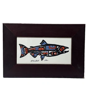 Roxana Leask Inuit Artist’s Fun Abstract Salmon Framed Tile Art 11.5” x 7.5” - Picture 1 of 13